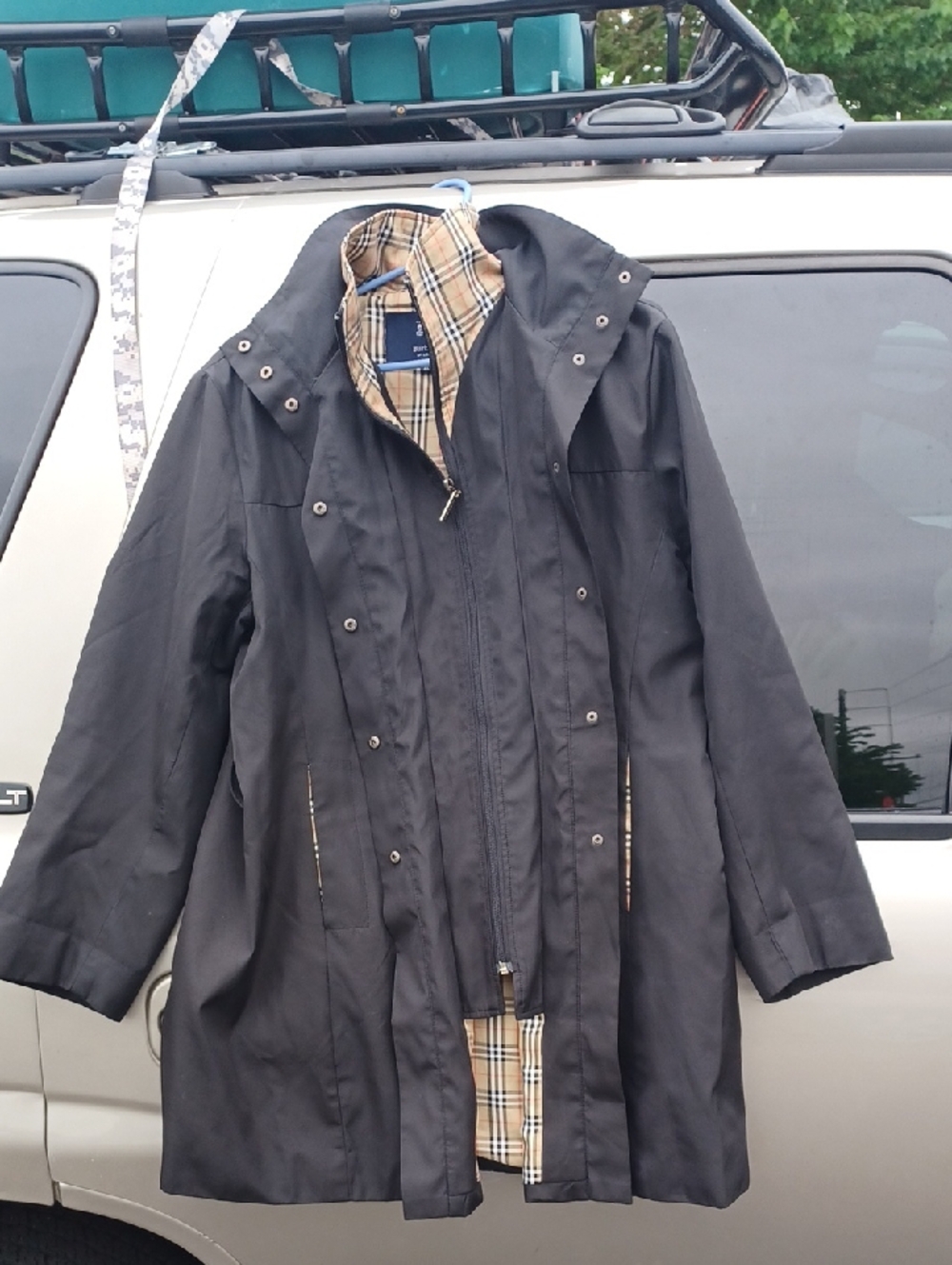 Burberry Black Hooded Raincoat with Tan Check Lining